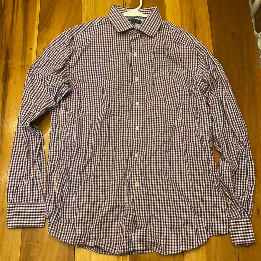 Mens slim Tommy Hilfiger dress shirt purple/navy/white checkered size 16.5 34/35
